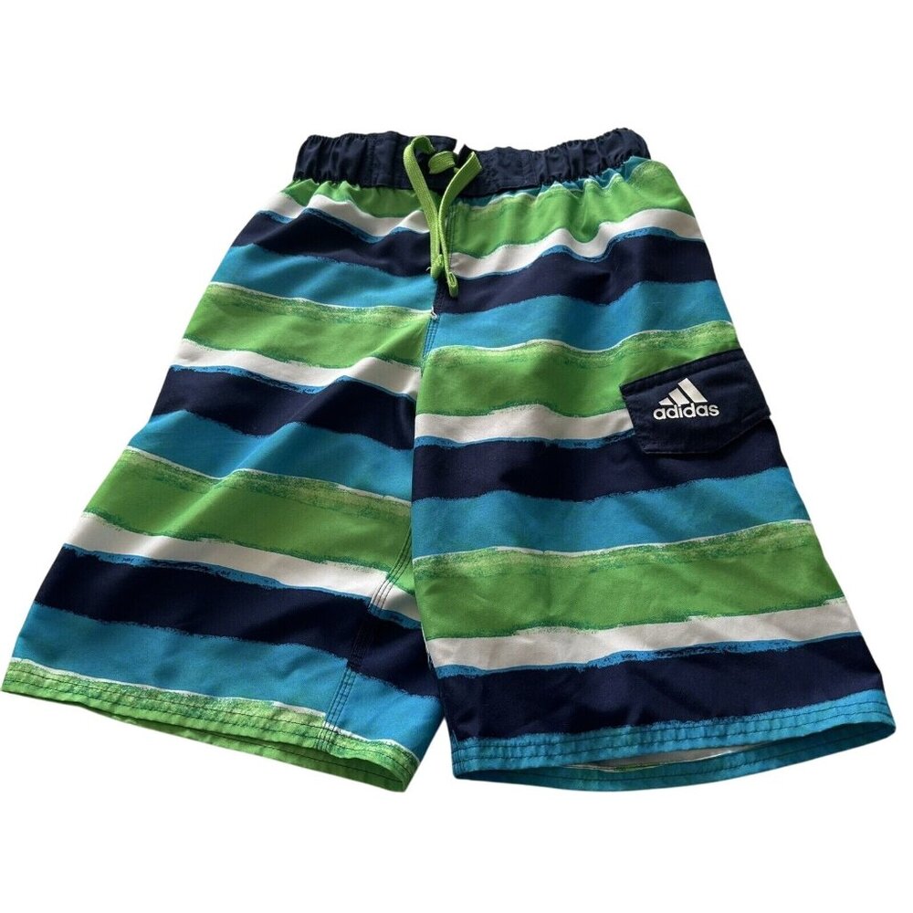 Adidas Boys Striped Swim Trunks M Green Blue Elastic Waistband Beach Resort Vaca